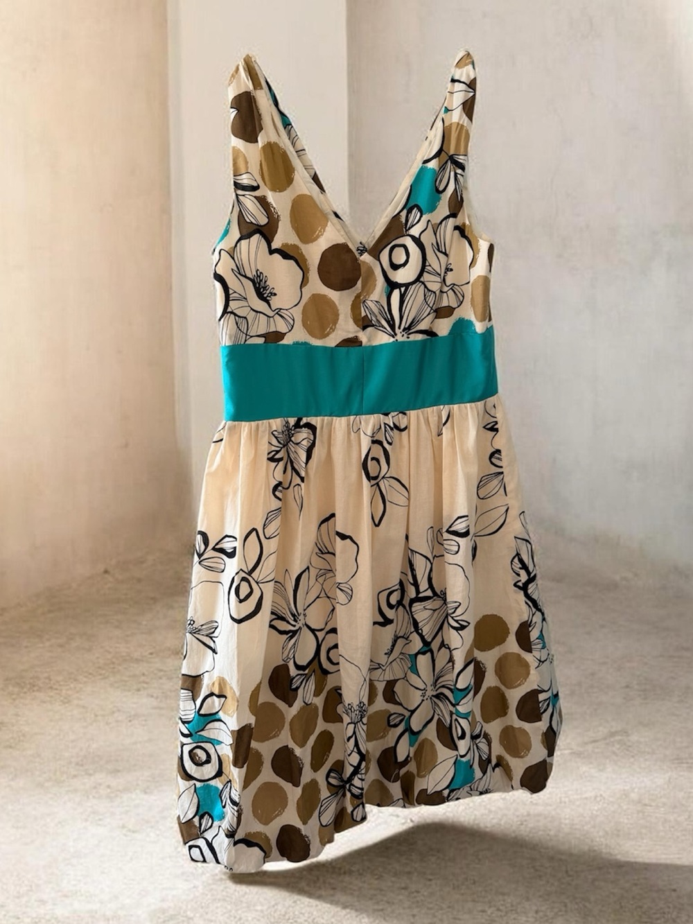 Suzi Chin for Maggy Boutique Cream Floral Dress with Teal Waistband